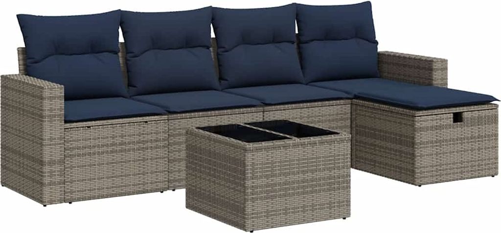 6-tlg. Garten-Sofagarnitur mit Kissen Grau Poly Rattan