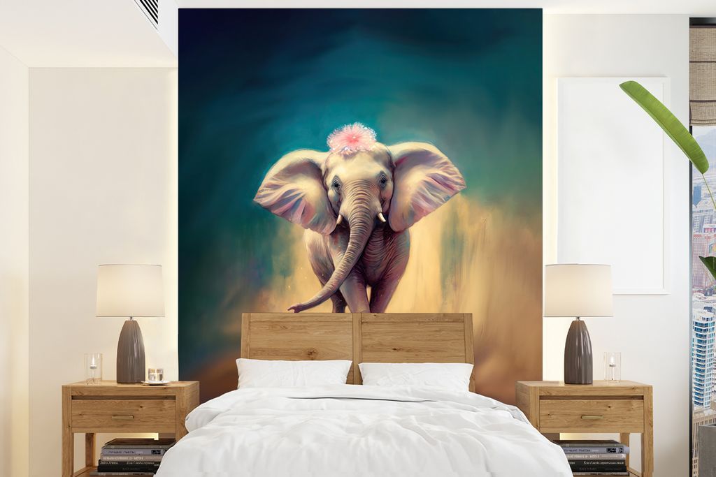 MuchoWow Fototapete für Wohnzimmer oder Schlafzimmer Wandtapete Vinyl Motivtapete Elefant - Tiere - Malen - Blumen - Porträt - Kinder - 175x240...