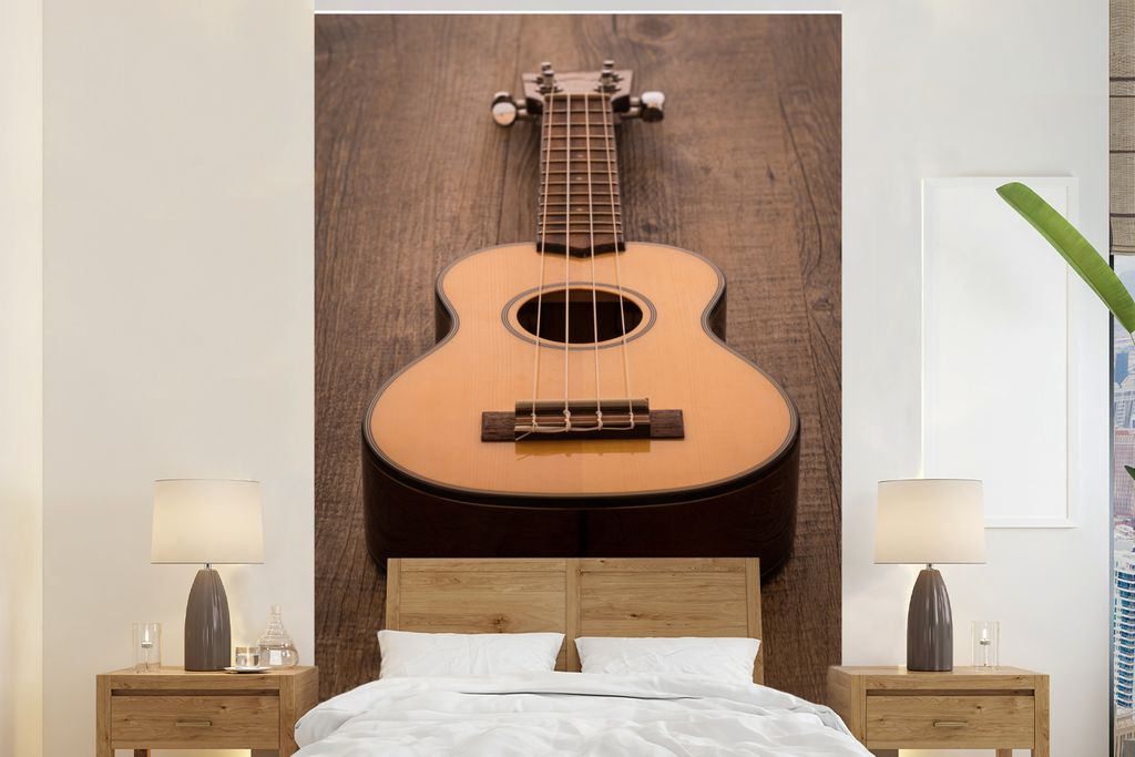 MuchoWow Fototapete für Wohnzimmer oder Schlafzimmer Wandtapete Vinyl Motivtapete Akustische Gitarre auf einem Holztisch - 225x350 cm - Schlafzi...