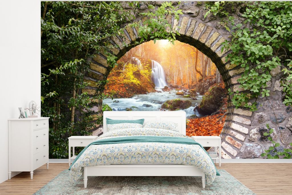 MuchoWow Fototapete für Wohnzimmer oder Schlafzimmer Wandtapete Vinyl Motivtapete Herbst - Wasserfall - Natur - Aussicht - 350x260 cm - Wohnzimm...
