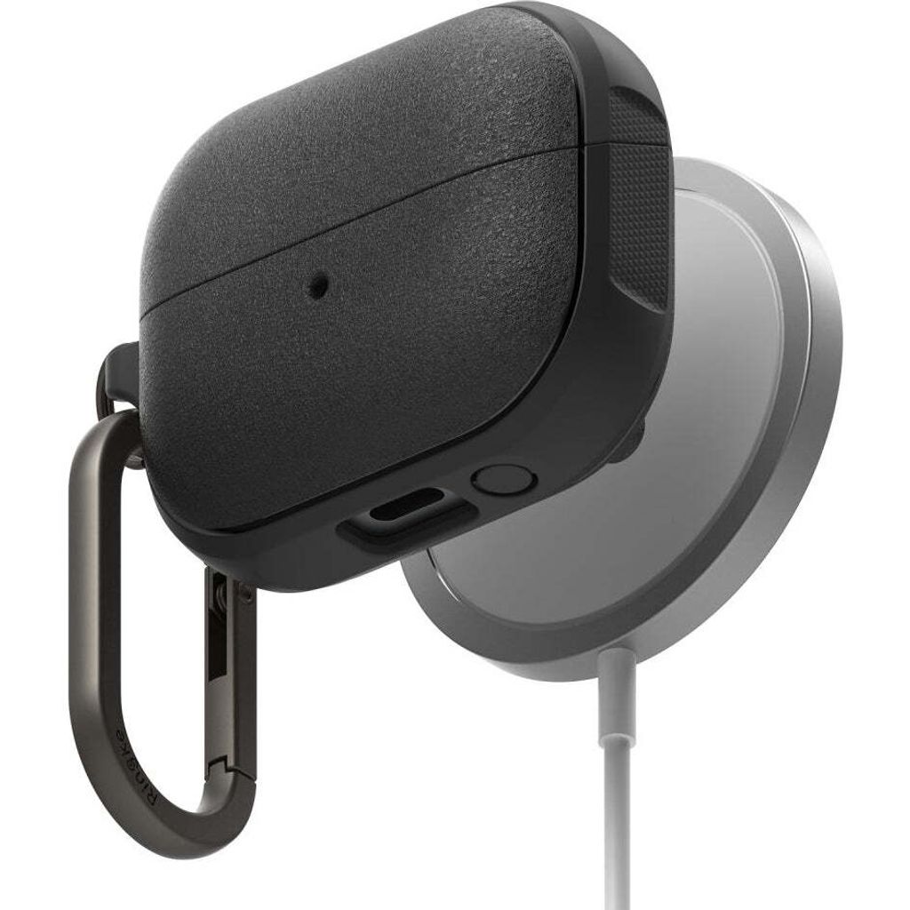 A black protective case for Samsung Galaxy Buds 3 / 3 Pro is shown attached to a magnetic charger.