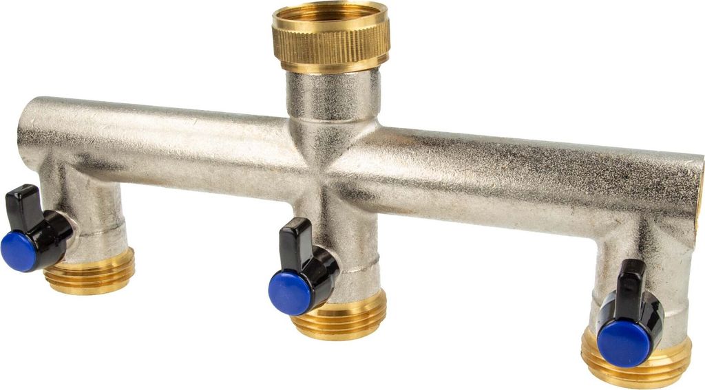 tecuro 3-Wege Verteilerstück 1 Zoll (DN20), einzeln absperrbar durch Kugelventile, Messing vernickelt