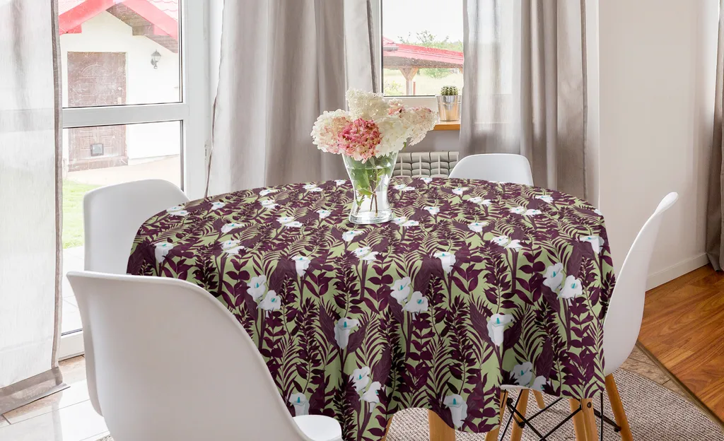 ABAKUHAUS Tovaglia rotonda con motivi floreali, piante a foglia e flora selvatica, tovaglia circolare per sala da pranzo e cucina, 150 cm, kaki chiaro e malva scuro