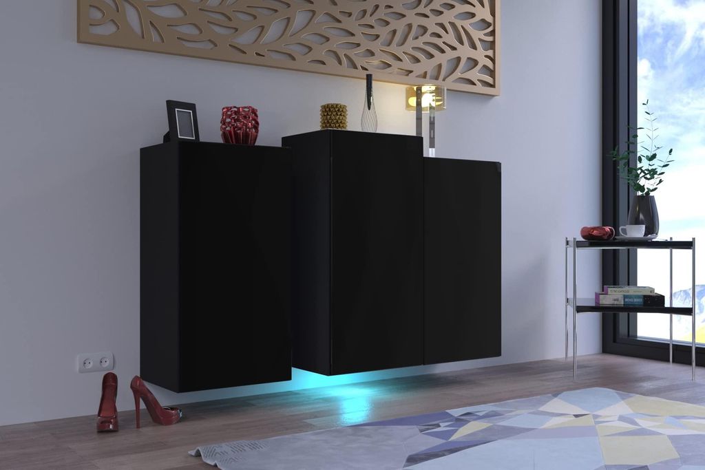 Furnitech K6 Modernes Wohnzimmer, Kommode, Schrank, Sideboard, Schlafzimmer, Esszimmer, Wohnzimmermöbel Matt (LED RGB 16 Farben, K6-18M-B1)