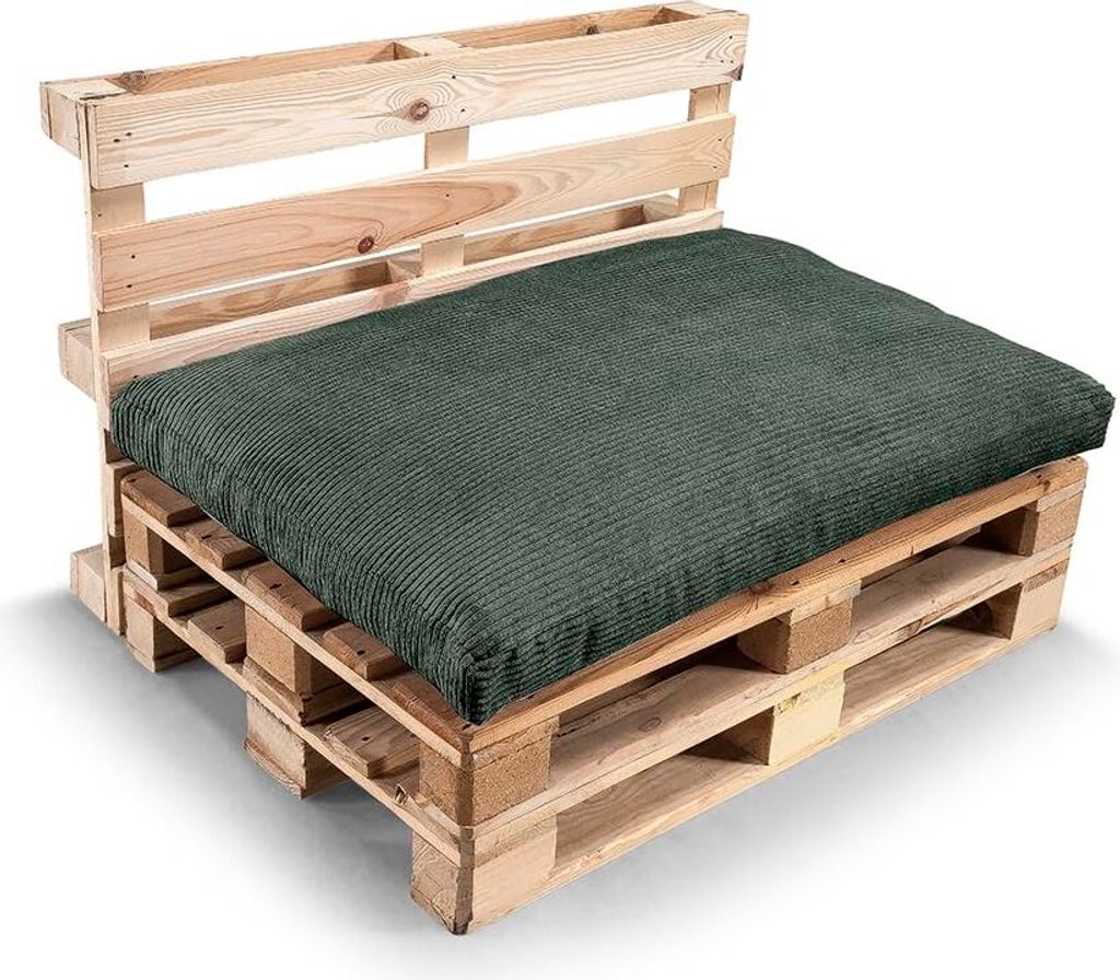 A pallet sofa with a green cushion and backrest.