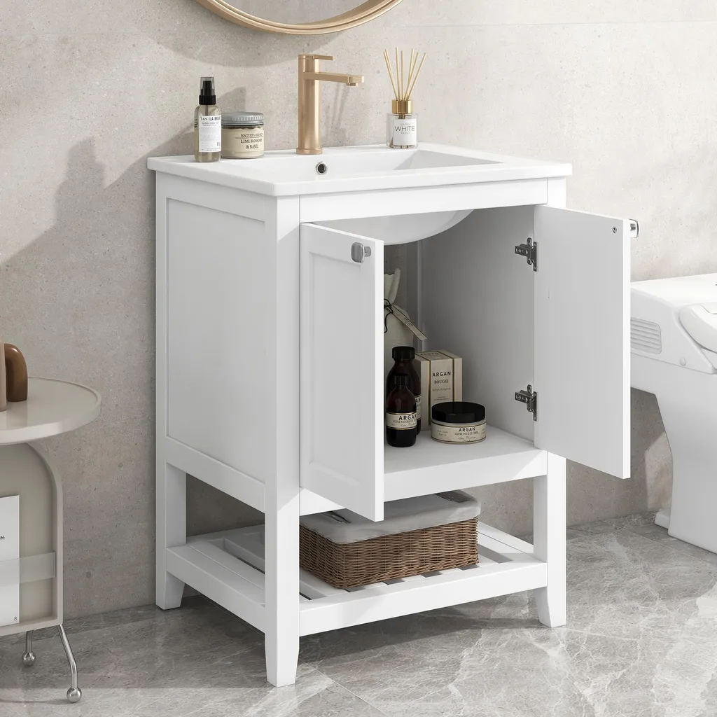Aménagez votre salle de bain avec ce meuble lavabo blanc et bois de 61 cm