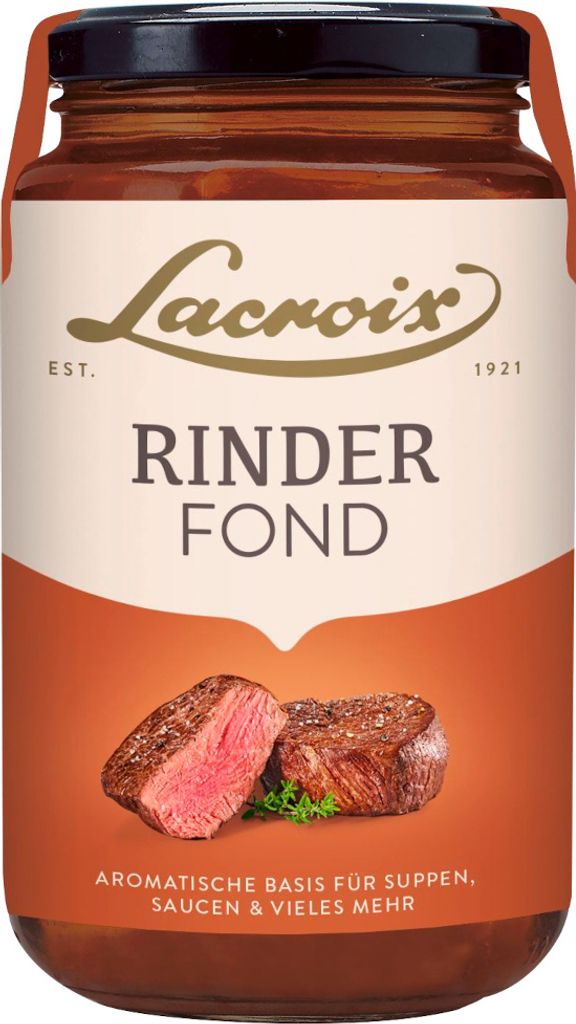 A jar of beef stock with an image of steak on it.