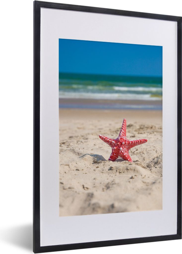 MuchoWow MuchoWow Gerahmtes Poster Seestern - Sand - Rot 40x60 cm - Poster mit zchwarzem Bilderrahmen - Poster in Rahmen