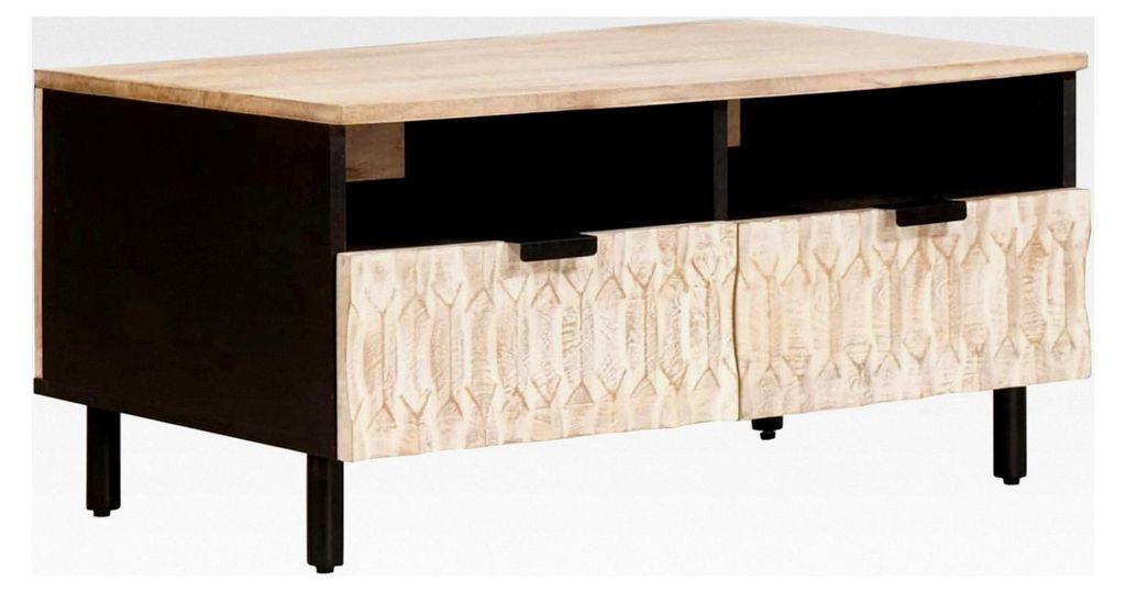 Couchtisch aus massivem Mangoholz mit Schubladen, weiß, 80 cm - Sofatisch für Wohnzimmer und Leseecken