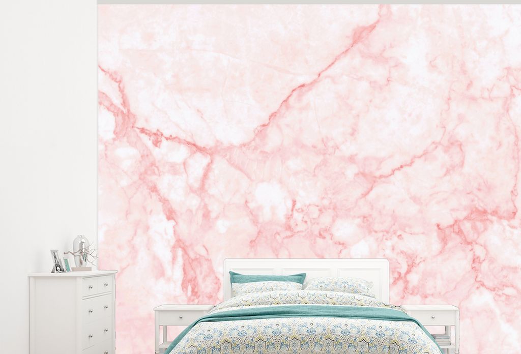 MuchoWow Fototapete für Wohnzimmer oder Schlafzimmer Wandtapete Vinyl Motivtapete Marmor - Weiß - Rosa - Chic - 375x300 cm - Tapezierpapier