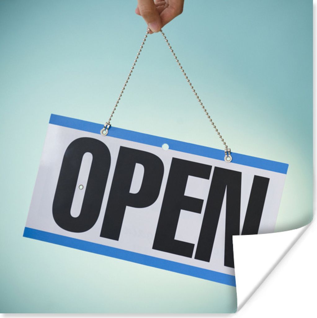 MuchoWow Poster Eine Hand, die ein Schild mit der Aufschrift "open" hochhält 75x75 cm - Wand Dekoration