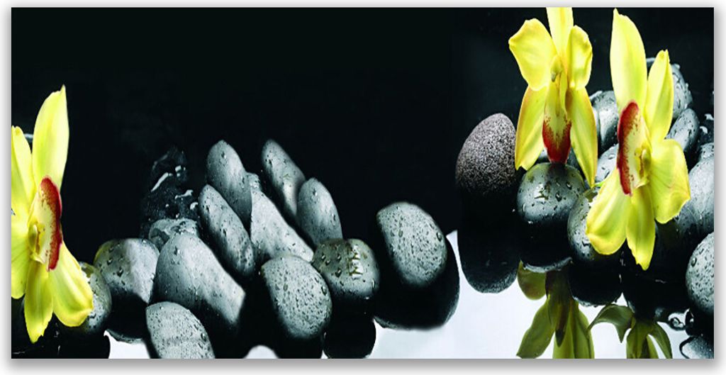 Küchenrückwand aus Glas 120x60cm Spritzschutz Blumen Steine Pflanzen