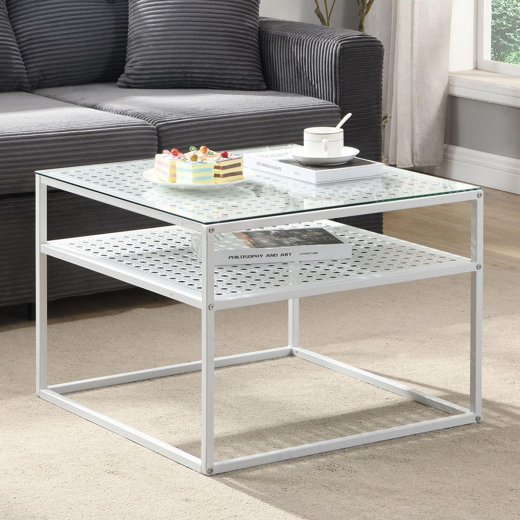 WOHNLING Couchtisch Glas Metall Weiß 60x60x45 cm Quadratischer Wohnzimmertisch Modern mit Ablage Beistelltisch Sofatisch Glastisch Klein