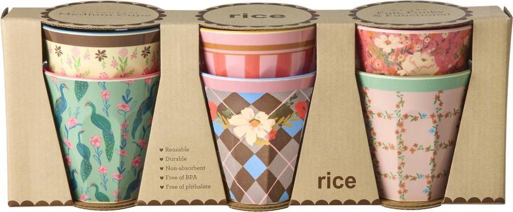 Rice Melamin 6er-SET Becher - Pfau & Blumen Print 160ml