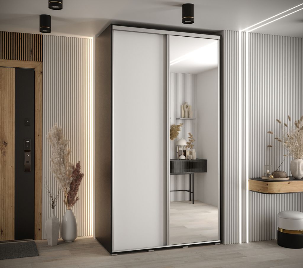 Kleiderschrank YVONA 3 – 140/60 cm, schwarz/weiß/silber