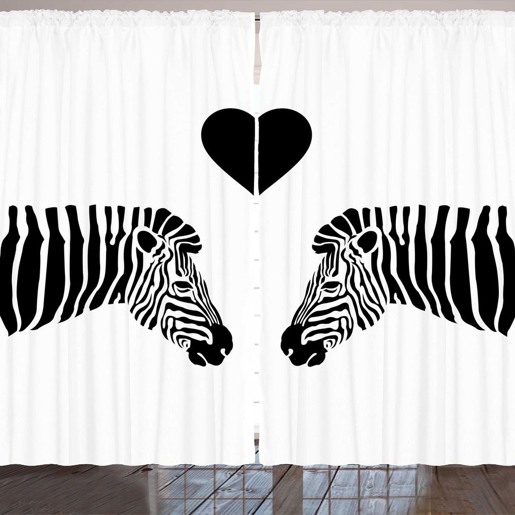 ARANDE Safari Gardine, Zusammensetzung von 2 Zebras mit einem Herz in Between Romantische Liebe Tiere, 280 x 260 cm, Charcoal Grau und Weiß