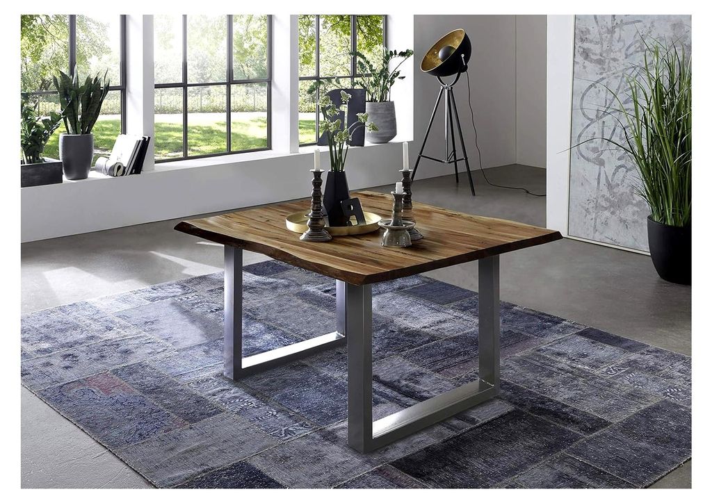 Esszimmertisch 90x90 cm Quintus, echte Baumkante, massiver Esstisch aus Akazienholz, U-Metallgestell Silber