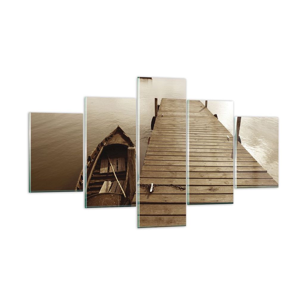 Bilder auf glas - 5 Teile - Brücke Boot Sepia - 125x70cm - Glasbilder - Wandbilder - Bilder - zum Aufhängen bereit - Wanddekoration aus Glas - Gl...