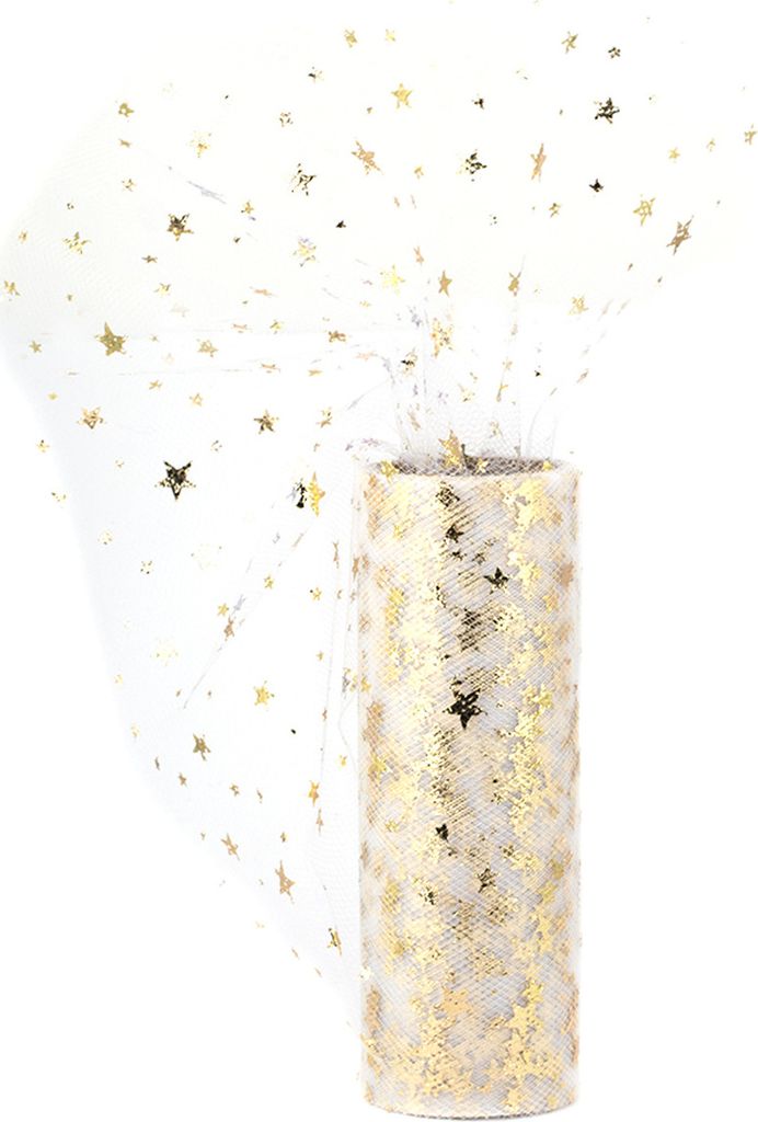 Tüll Stoff Rolle 9m x 15cm Sterne, weiß / gold Produktbild 