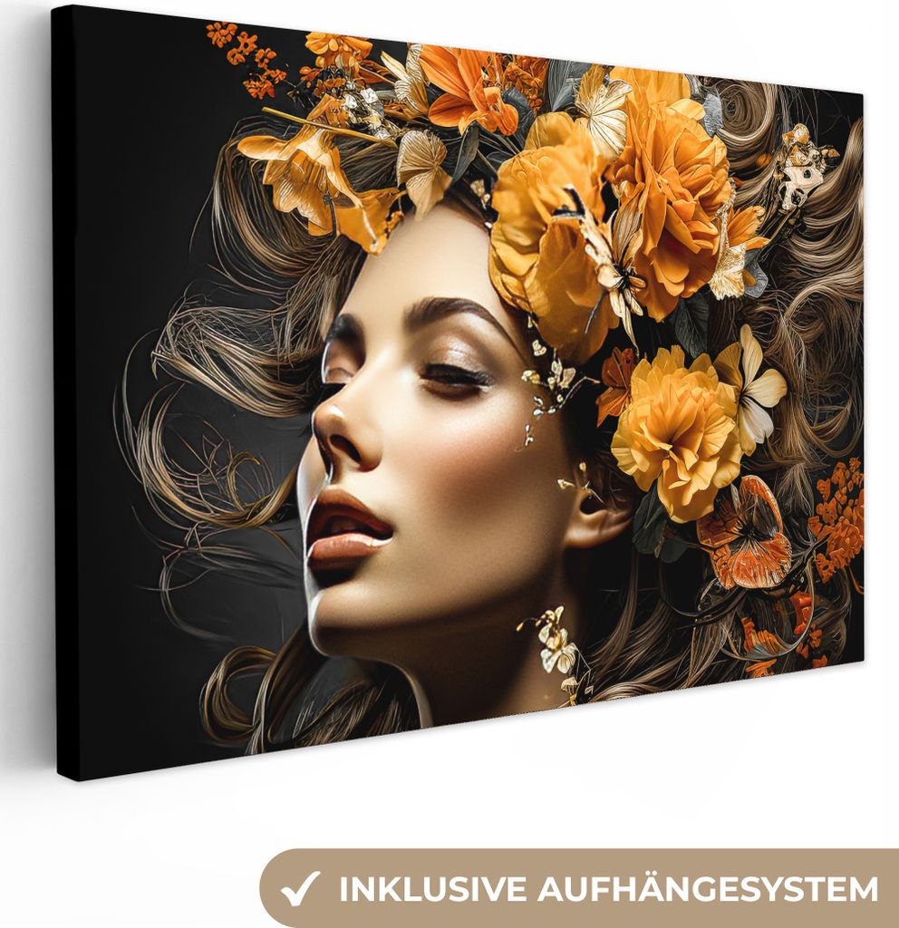 MuchoWow - Leinwandbilder - Frau - Porträt - Blumen - Farbenfroh, Wandbild, Wanddeko Bilder Wohnzimmer, 120x80 cm