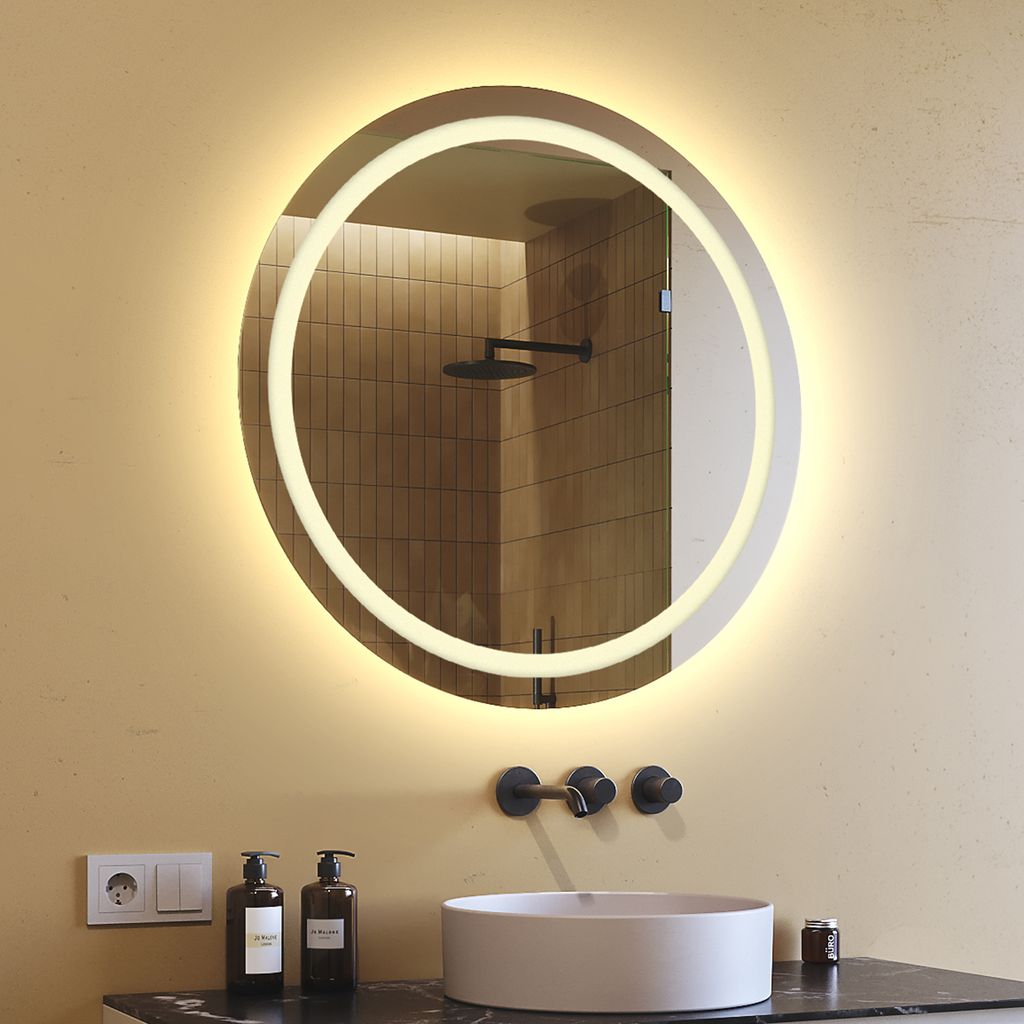 Spiegel mit Beleuchtung 80 cm- Rund Badezimmerspiegel mit LED Beleuchtung - Warmweiß 3000K - LED Badspiegel Lichtspiegel OKR033