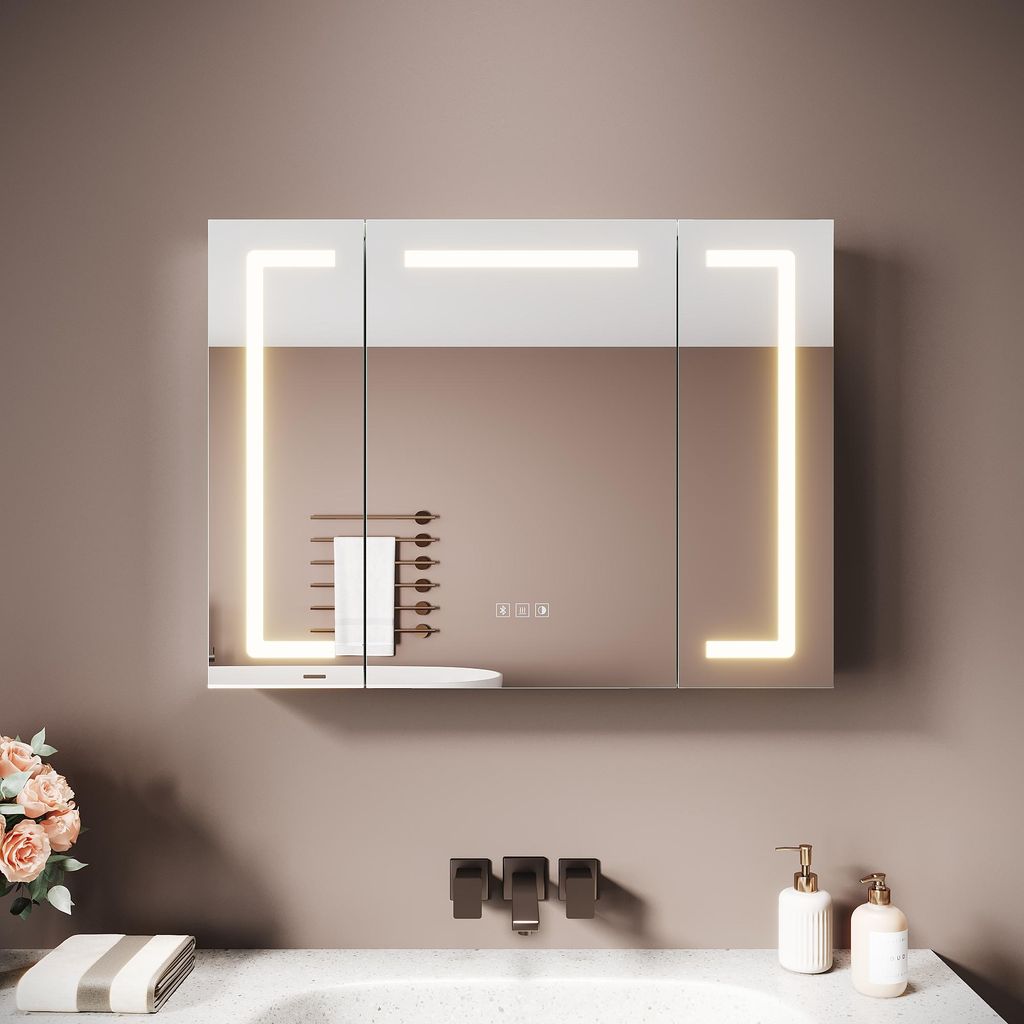 Sonni Dreitüriger Aluminium-Spiegelschrank 80 x 60 x 12,5 cm Hell silber Power-Off-Memory-Funktion Anti-Beschlag Drei Farbtemperaturen Bluetooth