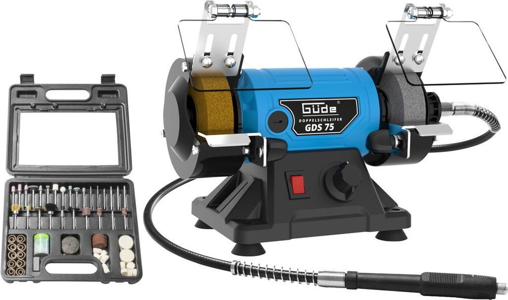 A blue and black bench grinder with a set of accessories in a black case, displayed on a white background.