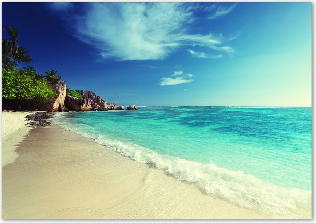 Tulup Leinwandbild - 100x70 cm - Wandkunst - Drucke auf Leinwand - Leinwanddruck - Landschaften - Blau - Seychellen Strand