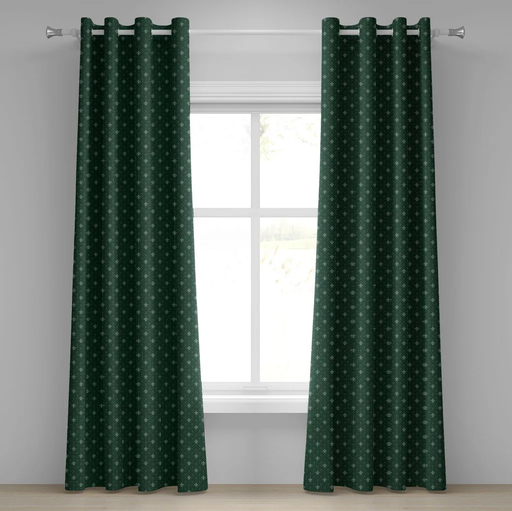 Rideau de salon vert motif Fleur de Lis pour décoration médiévale