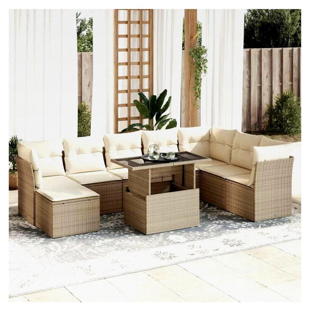 9-teiliges Gartenlounge-Set aus Rattan, Balkonlounge, Gartensofa, Loungemöbel, Balkonmöbel, Gartenmöbel, Kissen in Beige