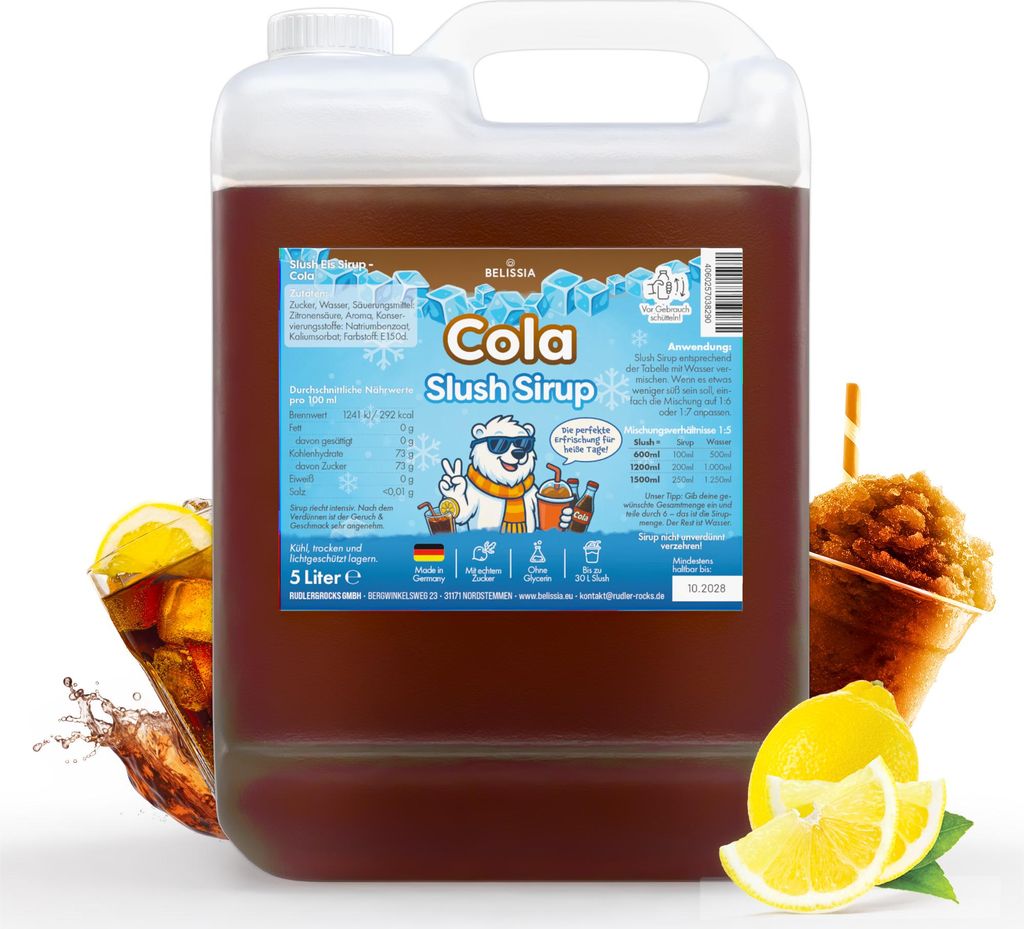 Belissia Slush Eis Sirup 5L Konzentrat | Cola Geschmack | sehr ergiebig in knalligen Farben (1:5) | Glycerin frei