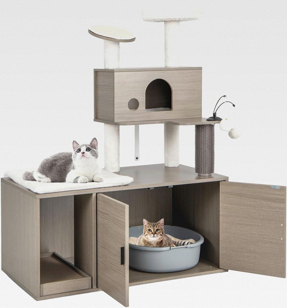 Kratzbaum mit Katzenschrank, Katzenbaum mit Höhle & Kratzbrett & Eingang & Spielball & Kissen, All-in-One Katzenhaus, Katzenkratzbaum Groß, Katze...