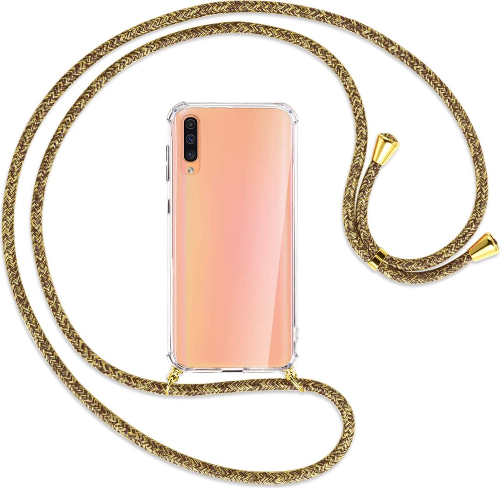 Handykette Backcover-Schutzhülle mit Band (Metall goldfarben) für Samsung Galaxy A50 - braun+beige