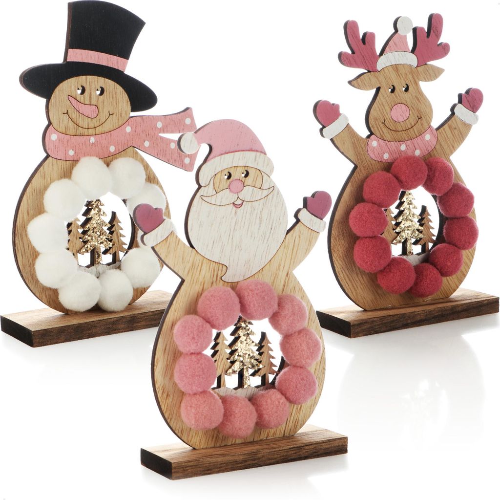 COM-FOUR 3x Holz-Aufsteller für Weihnachten - Rentier, Weihnachtsmann und Schneemann aus Holz zum Hinstellen - Deko Holzfiguren Zierschmuck