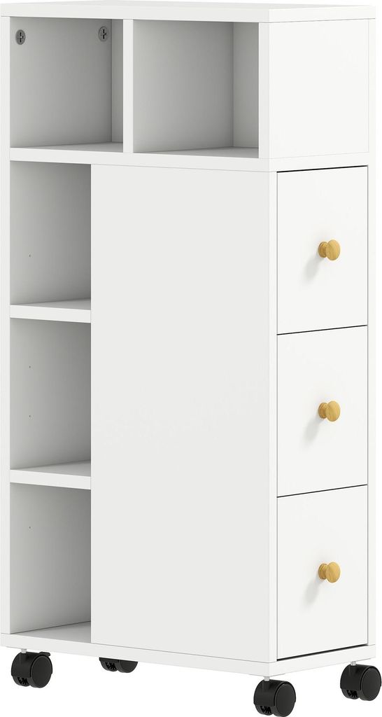 Badezimmerschrank mit Rollen, 3 Schubladen, 5 Ablagen, Weiß Produktbild 