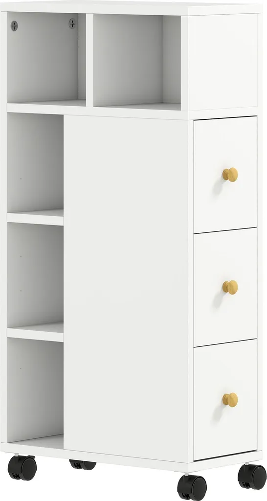 Rangement salle de bain blanc sur roulettes, gain de place 5 étagères