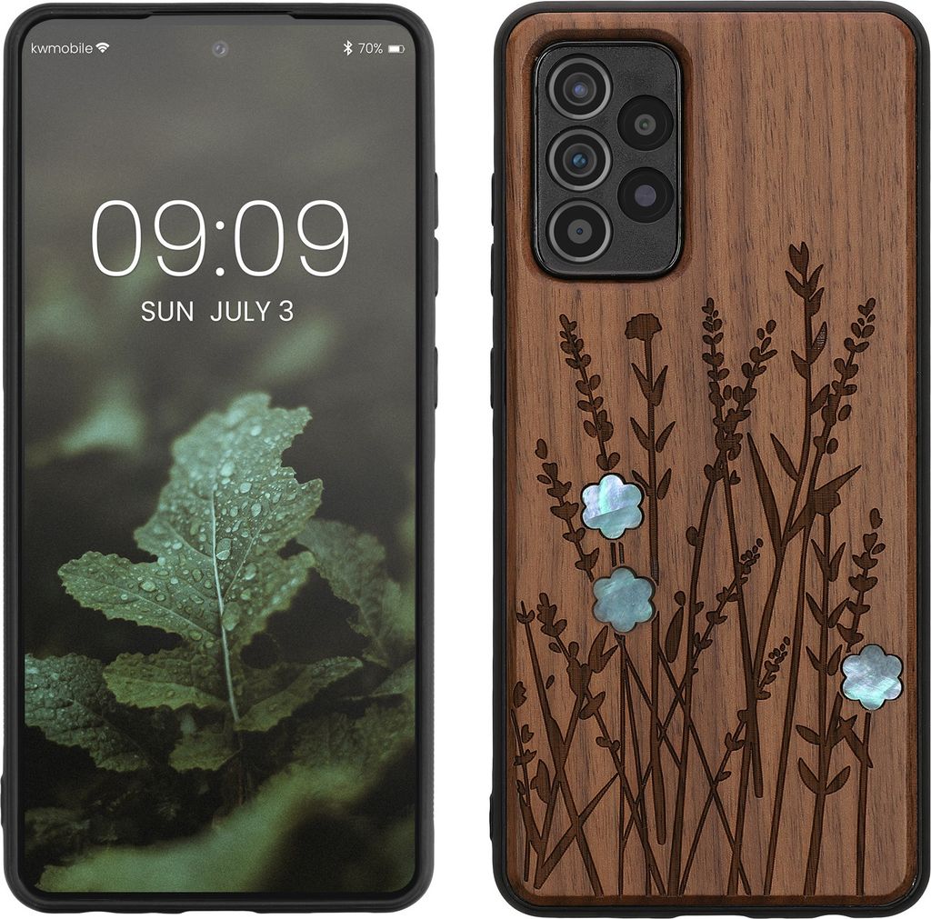 kwmobile Hülle kompatibel mit Samsung Galaxy A52 / A52 5G / A52s 5G Hülle - Holz Case - Handy Cover - TPU Handyhülle in Dunkelbraun Perlmutt-Lav...