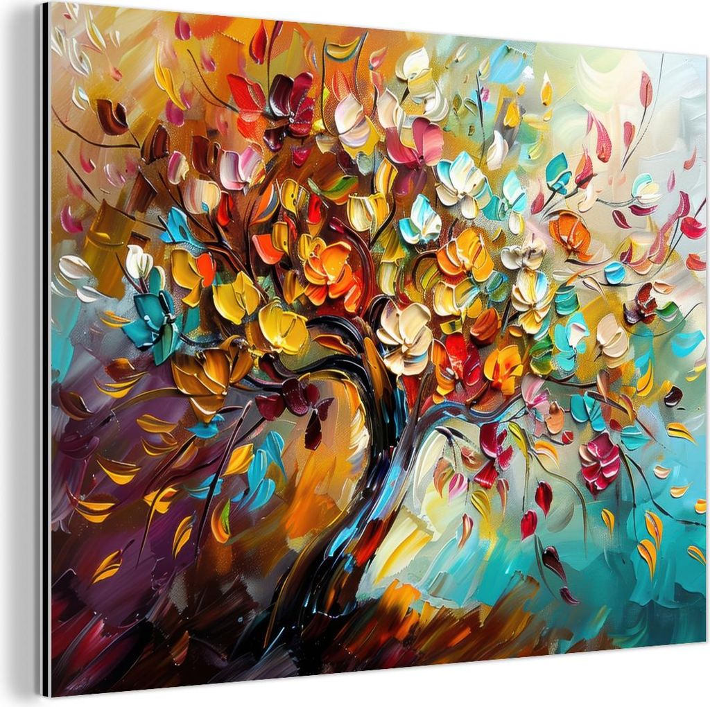 MuchoWow Wanddekoration Metall Metallbild Wandkunst 80x60 cm Baum - Abstrakt - Bunt - Blumen MuchoWow Aluminium Gemälde - Alubild
