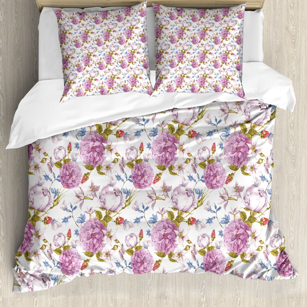 ABAKUHAUS Blumen Bettbezug, Vintage Frühlingslandschaft, Milbensicher Allergiker geeignet mit Kissenbezügen, 155 cm x 220 cm - 80 x 80 cm, Mehrfa...