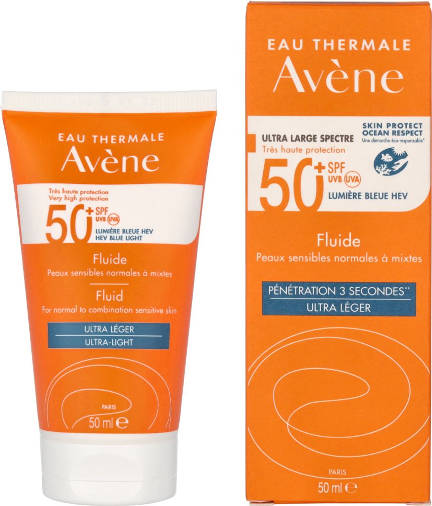 A product shot of an Avène sunscreen tube and its packaging.