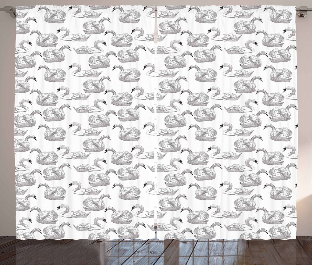 ABAKUHAUS Schwan Rustikaler Gardine, Sketch Art Waterfowls, Schlafzimmer Kräuselband Vorhang mit Schlaufen und Haken, 280 x 175 cm, Weiß Schwarz