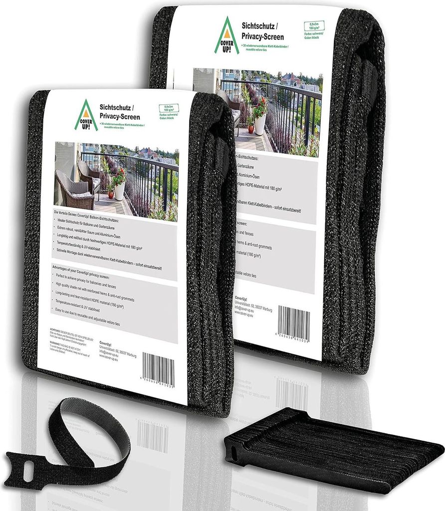 CoverUp! Balkon Sichtschutz 0,9m x 3m (180 g/m²) – Balkonverkleidung Terrassensichtschutz Blickdicht – inkl. 30 Klett-Kabelbinder - schwarz