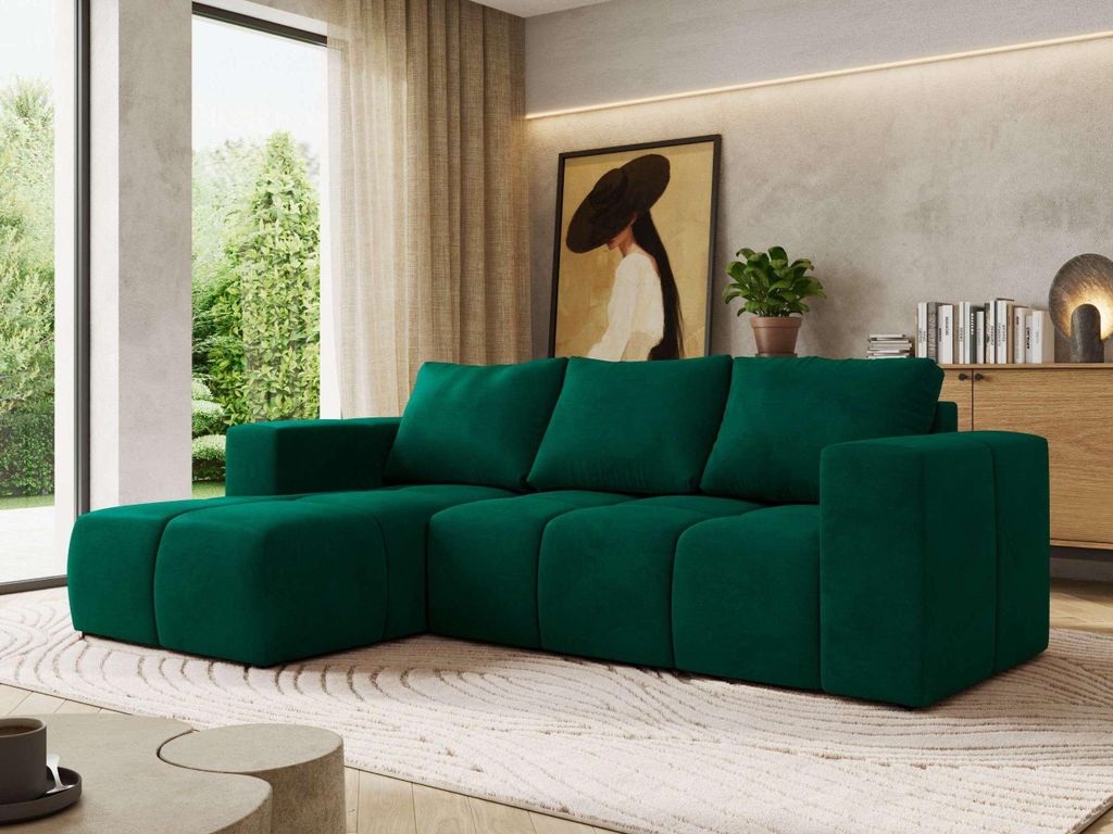 MKS MEBLE L-förmige Ecke MONIVA, Ecksofa mit DL-Schlaffunktion, 266 x 164 x 89 cm, L-Couch mit Bettkasten - Dunkelgrün Velvet - Links Seite