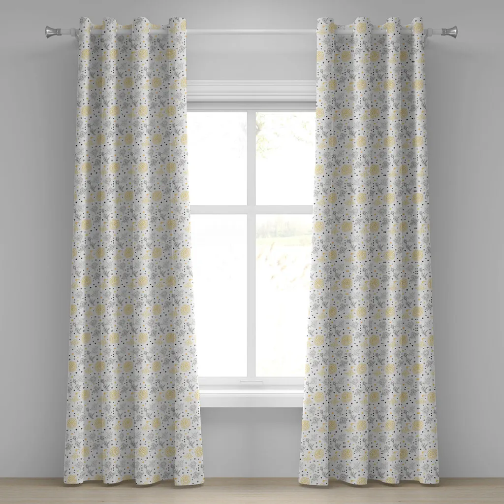 ABAKUHAUS Tenda con occhielli grigia e gialla, rose romantiche resistenti allo sporco, fiori di cotone con motivo a pois, tende decorative a 2 pannelli, 280 cm x 245 cm, giallo grigio bianco