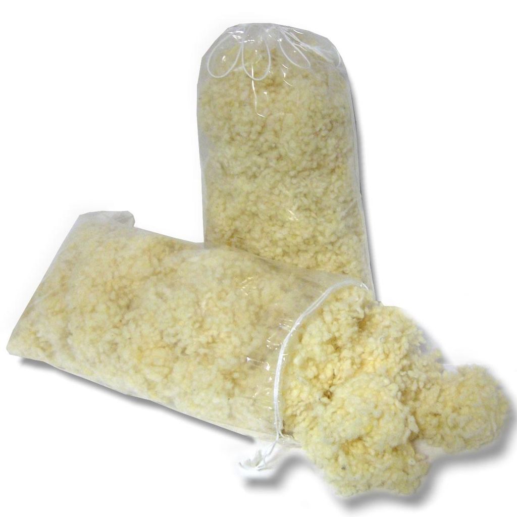 Two bags of fluffy filling material, likely for pillows or cushions, are shown against a white background.