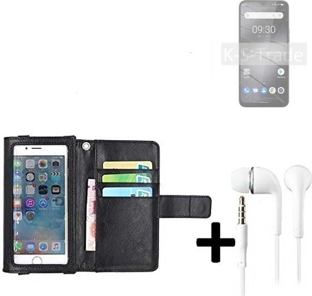 K-S-Trade Handyhülle + Kopfhörer kompatibel mit Gigaset GS5 Lite Schutzhülle Case mit Displayschutz / Schutzfolie schwarz + Kopfhörer Flip Cover