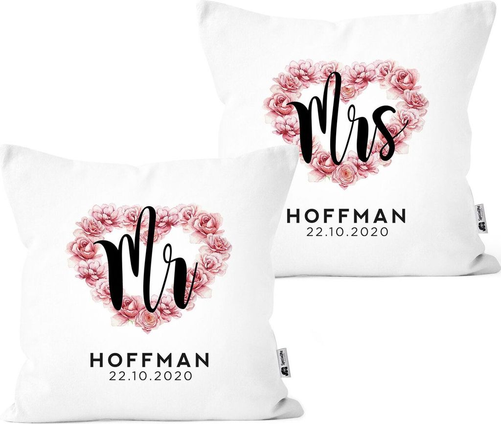 Mr & Mrs Partner Kissen-Bezüge 2er Set personalisiert mit Namen und Datum als Geschenk zur Hochzeit Herz Blumen SpecialMe Blumen Herz weiß 40cm...