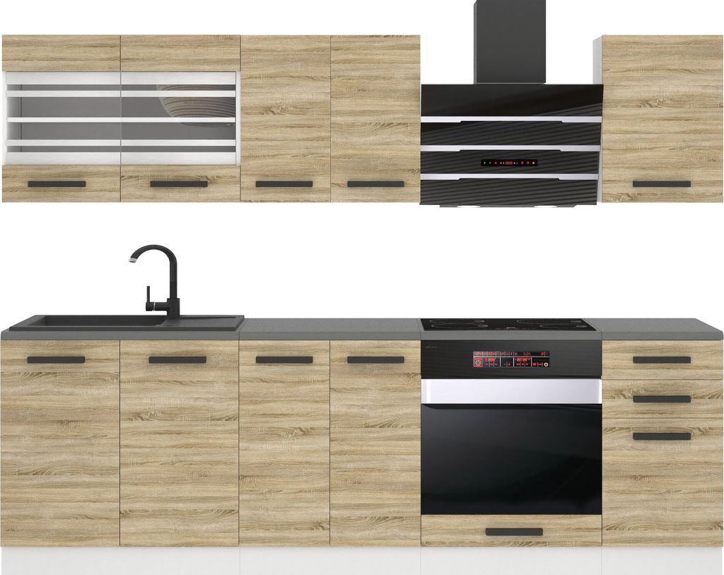 Belini Küchenzeile Küchenblock Margaret - Küchenmöbel 240 cm Einbauküche Vollausstattung ohne Elektrogeräten mit Hängeschränke und Untersch...