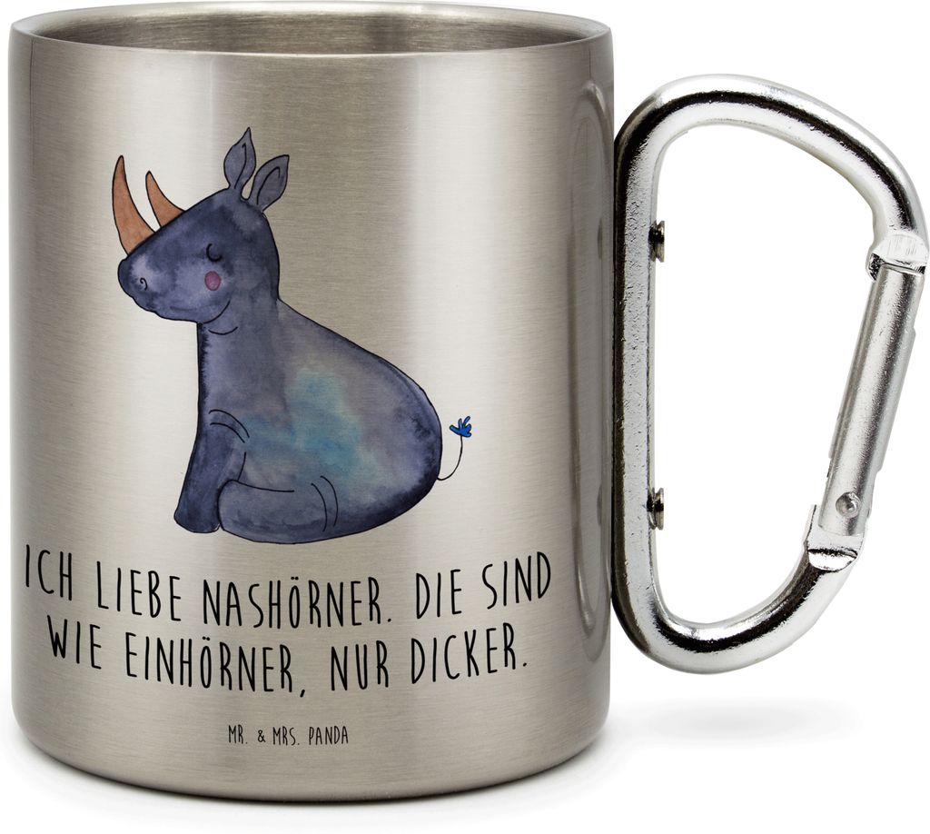 Mr. & Mrs. Panda Kaffeebecher Edelstahl Einhorn Nashorn - Transparent - Geschenk, Campingbecher, Regenbogen, Metallbecher, Teetasse, Glitzer, Witzi...