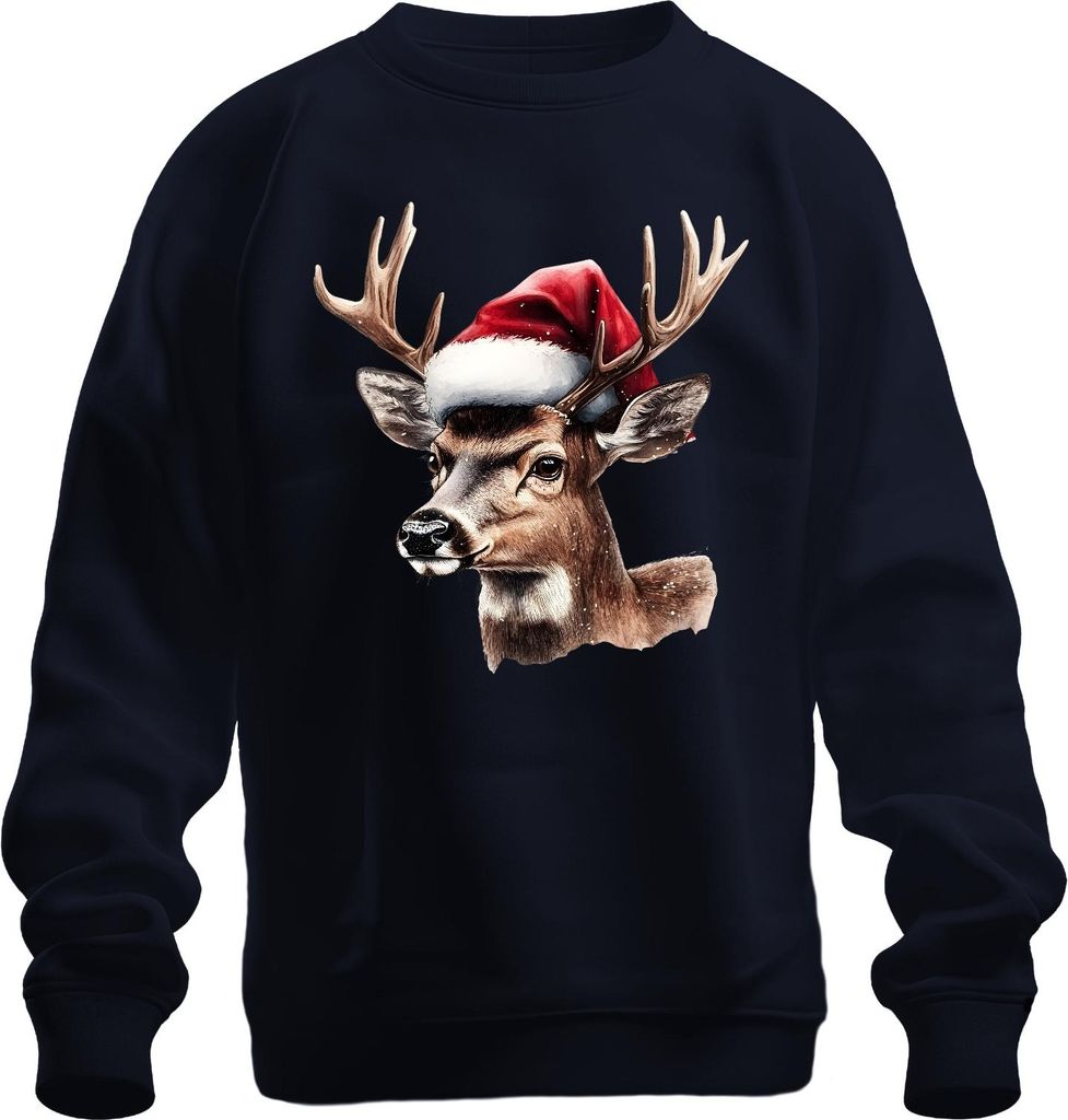 Weihnachtsrentier Hirsch Kopf Aquarell Weihnachtsmann Hut Retro Uni Sweatshirt Pullover, Navy, XXL
